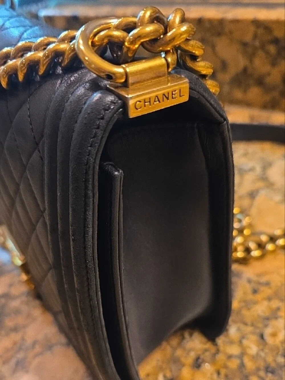 CHANEL Medium Boy Bag Quilted Lambskin Crossbody with Gold Hardware.
